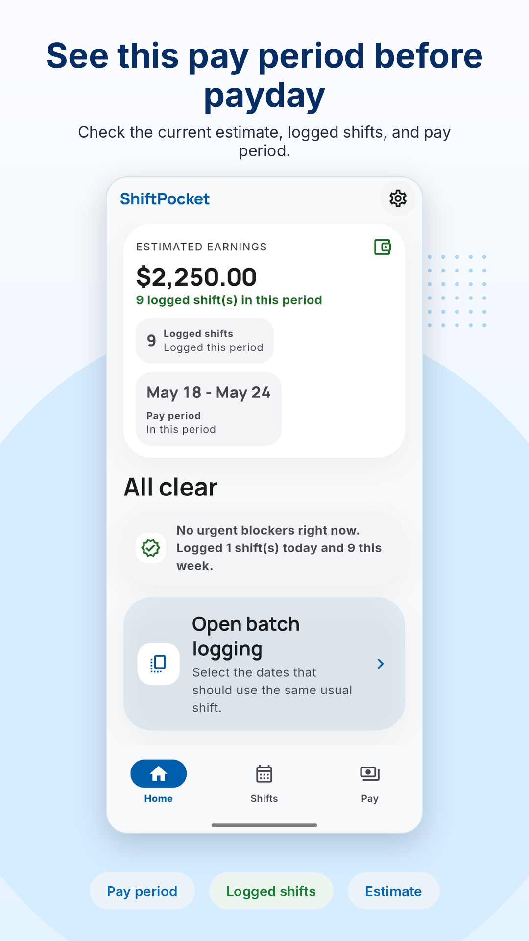 Real ShiftPocket screenshot showing pay-period earnings and logged shifts